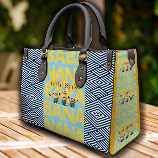 Discover Vintage Minion Leather Handbag, Minion Banana Pattern Bag, Travel Bag
