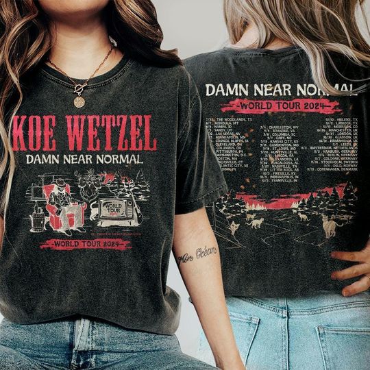 Discover Koe Wetzel Damn Near Normal World Tour 2024 Shirt, Country Music 2 Sides Koe Wetzel Concert Unisex Shirt