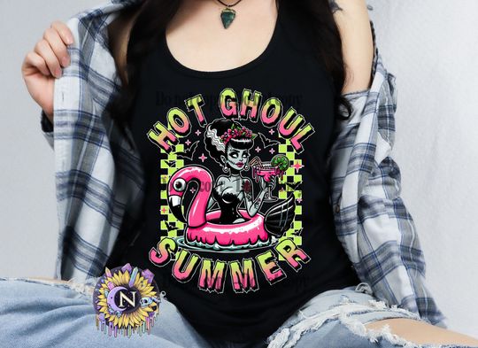 Hot Ghoul Summer, Black Tank top, pure cotton, handmade design, Gothic Witch graphic