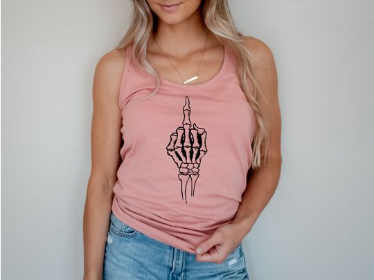 Skeleton Racerback Tank Tops, Middle Finger Tank Top, Funny Halloween Tank Top