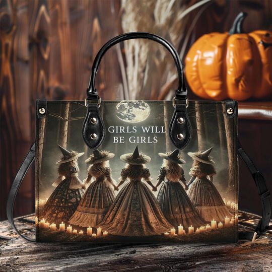 Witchy Gothic Leather Handbag With Handle, Girls Will Be Girls Witch Handbag Spooky Season Bag, Halloween Accessories Gift For Her