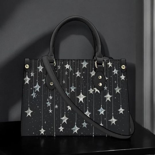 Falling Stars PU Leather Hand Bag, Cottagecore witch Trendy Fashion Handbag, Dark academia Vegan Leather Handbag Gift Black Halloween Purse