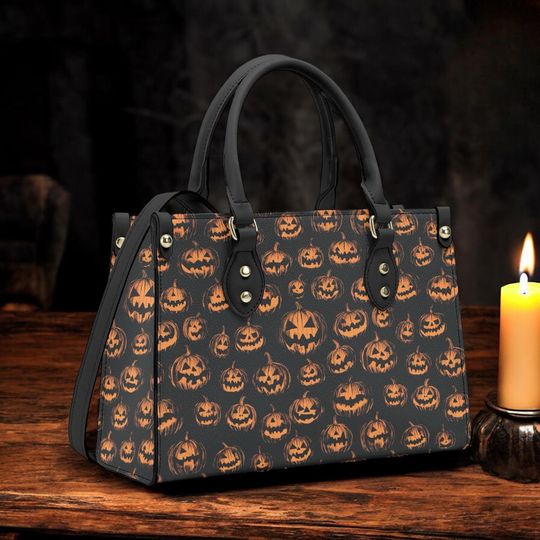 Discover Dark PU Leather Tote Bag, Cottagecore witch pumpkin Trendy Fashion Handbag, Dark academia Vegan Leather Handbag Gift Black Halloween Purse