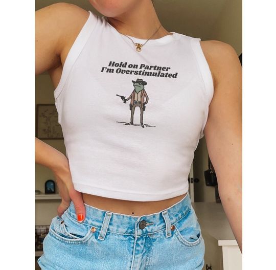 Discover Hold On Im Overstimulated Cowboy Frog Cropped Tank Top