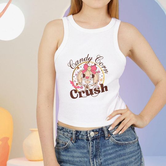 Discover Halloween Crop Tank Top, Cute Candy Corn Fashion, Spooky Season Gifting