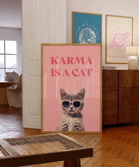 Karma Is A Cat Print | Pink Print | Girly Wall Art | Preppy Wall Art | Bedroom Decor | Midnights Print | Trendy Wall Art