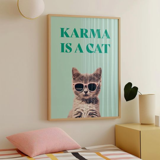 Karma Is A Cat Print | Mint Print | Girly Wall Art | Preppy Wall Art | Bedroom Decor | Midnights Print | Trendy Wall Art