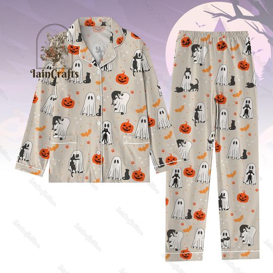 Halloween Cute Ghost Pajamas Set, Fall Pajamas Set, Holiday Sleepwear
