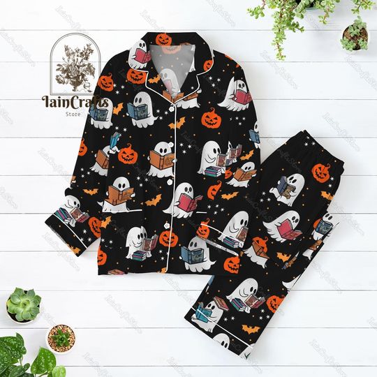 Halloween Ghost Reading Book Pajamas Set, Cute Ghost Shirt, Pumpkin Pajamas Set