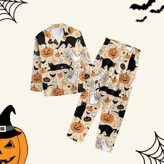 Discover Cute Ghost Black Cat Pajamas, Fall Ghost Boo Pumpkin Holiday Pajamas