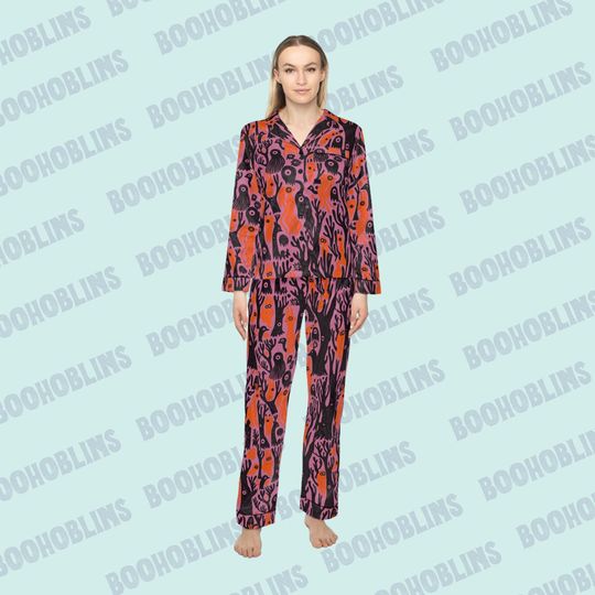 Discover Women's Satin Pajamas Set - Halloween Loungewear, Spooky Satin Sleepwear