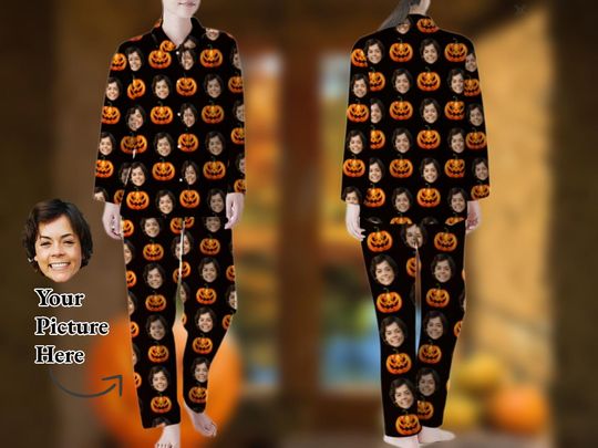 Personalized Orange Pumpkin Family Pajamas Set, Custom Photo Halloween Pajamas Set