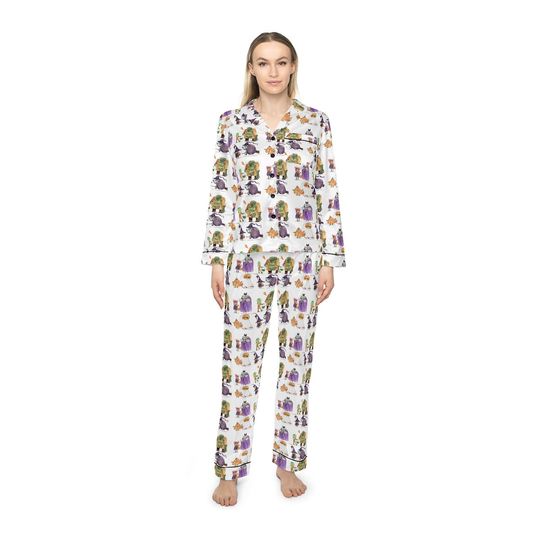 Discover Women's Satin Halloween Pajama shirt and pant set. Cute bedtime Halloween costume