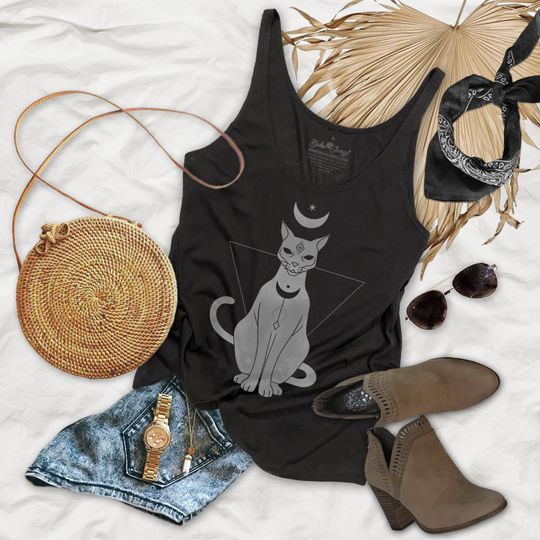 Discover Lunar Cat Design Flowy Womens Tank Top