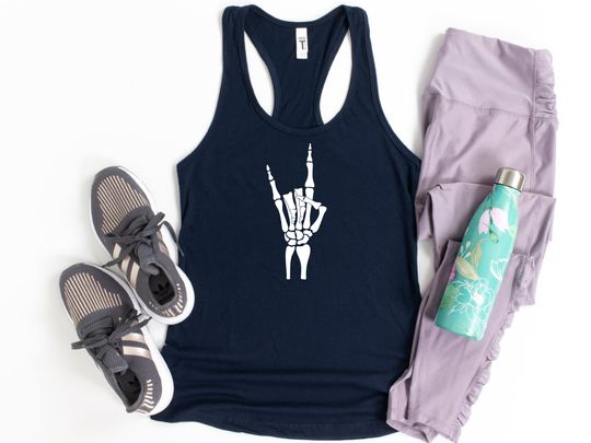 Discover Skeleton Rock Hand Tank Top, Rock And Roll Sign Tank, Halloween Racerback Tank Tops