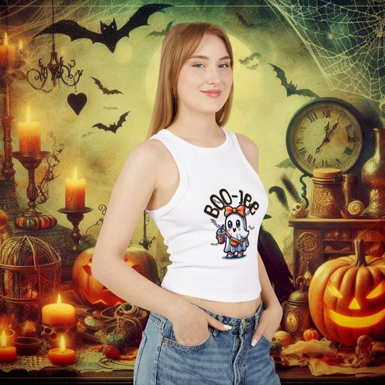 Boo-Jee Micro Rib Racer Tank Top, Halloween tank top, ghost tank top