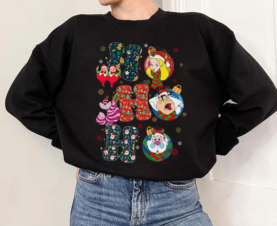 Disney Alice In Wonderland Ho Ho Ho Christmas Sweatshirt, Alice Cheshire Cat Queen Of Heart Christmas