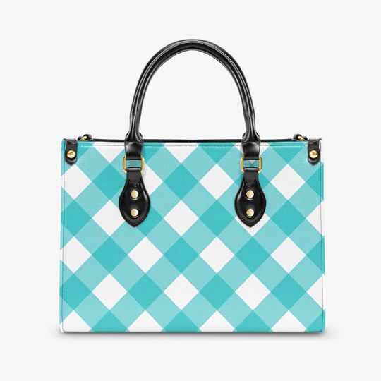 Bright Teal Summer Plaid Women's Tote Bag, Gingham Handbag, Women's Shoulder Bag, Summer Purse