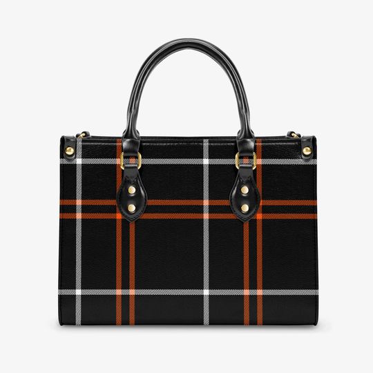 Discover Fall Plaid  Women's Tote Bag, Black, Orange Plaid Shoulder Bag, Fall Plaid Handbag,Plaid Shoulder Bag, Halloween, Thanksgiving, Fall