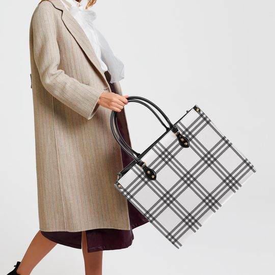 Discover Black and White Plaid Women's Tote Bag, Fashion Handbag, Zippered Shoulder Bag, Black and White Plaid Handbag