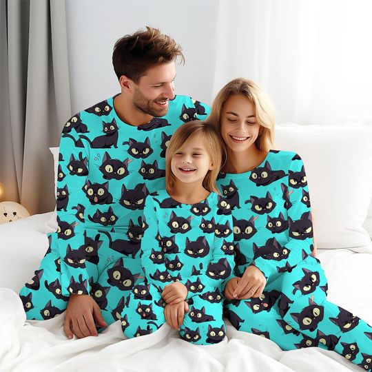 Discover Cute Black Cat Pajamas Family Long Sleeve Pajamas Anime Pajamas Set Gift