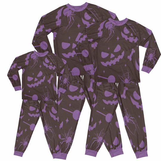Discover Halloween night party. Gothic costume. Scary pumpkins. Family matching pajamas