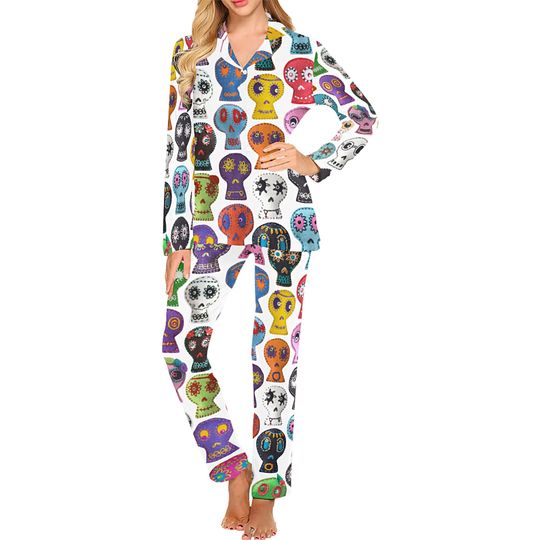 Day of the Dead Sugar Skull Pajamas - Set or Pants - long-sleeve with collar and buttons