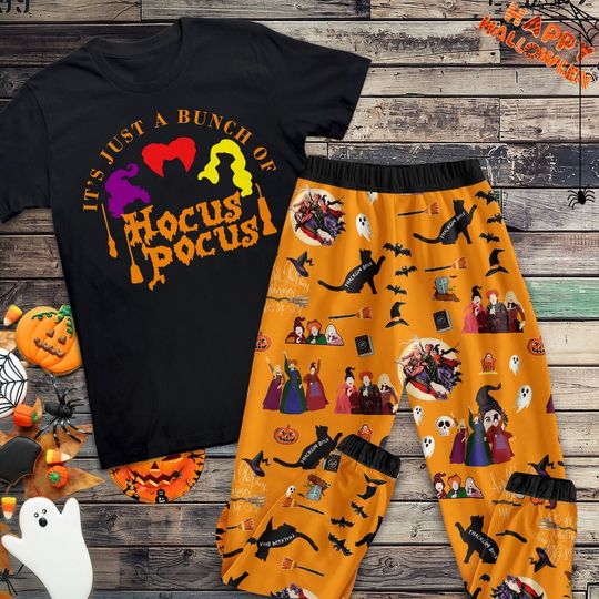 Its Just A Bunch Of Hocus Pocus Horror Movie Pajamas Set, Its Just A Bunch Of Pajamas Set, Sanderson Sisters Pajamas For Adult And Kids