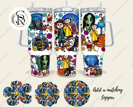 Discover Halloween Coraline 40oz Tumbler, Custom Horror Character Tumbler With Straw, Coraline Doll Movie Stainless Tumbler, Spooky Season Cup