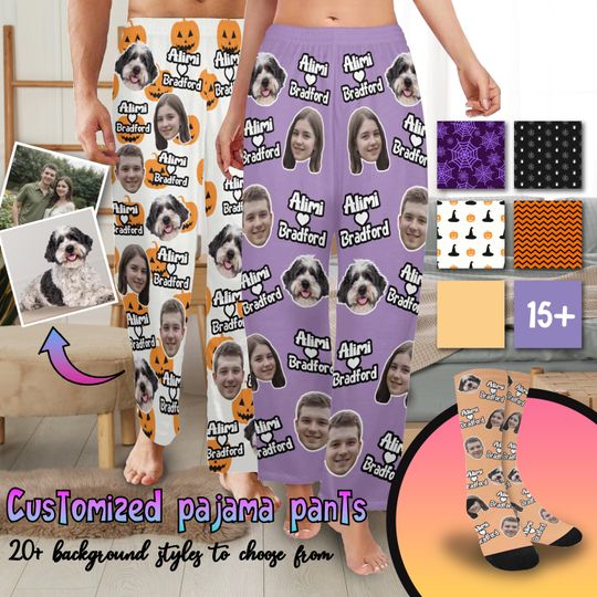 Discover Custom Photo Pajama Pants, Personalized Pajama Trousers for Men Women, Halloween Gifts