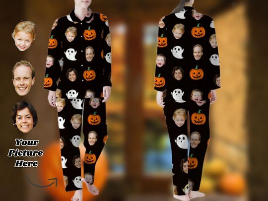 Discover Custom Pumpkin Face Pajama Pant Set, Custom Photo Halloween Pajamas Set