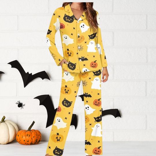 Discover Cute Ghost Black Cat Pajamas, Fall Ghost Boo Pumpkin Holiday Pajamas, Pumpkin Pajamas Set