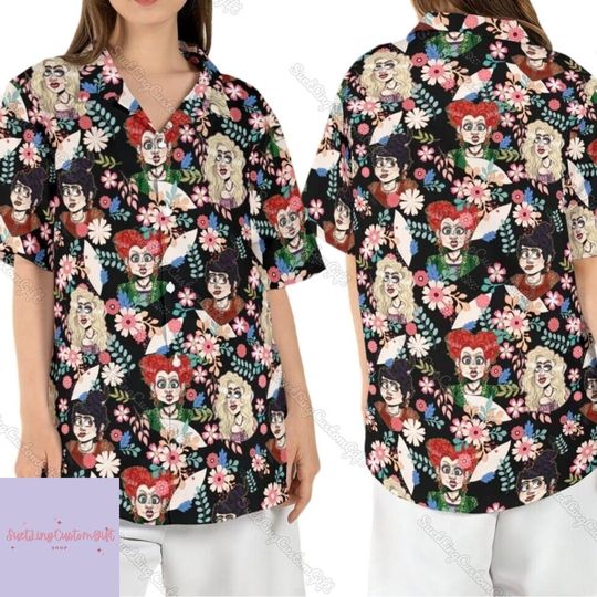 Hocus Pocus Halloween Hawaiian Shirt, Sanderson Sisters Button Shirt, Disney Witch Hawaii Shirt, Tropical Floral Shirt, Disney Trip