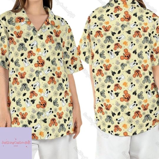 Discover Mickey Ghost Pumpkin Spooky Ghost Hawaiian Shirt, Disney Halloween Hawaiian Shirt, Mickey Button Shirt, Spooky Season Shirt, Disneyland