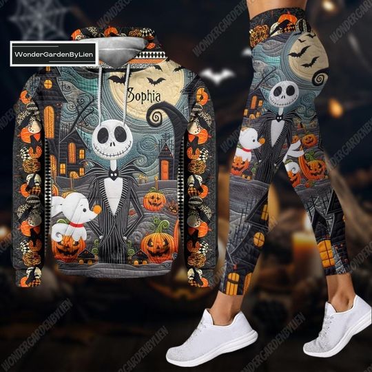 Halloween Horror Movie, Jack Skellington Hoodie Legging Set, Nightmare Before Womens Leggings, Jack And Sally Couple Shirt Yoga Pants