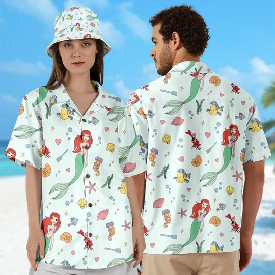 Discover Ariel And Friends Hawaii Shirt, Ariel Mermaid Button Up Shirt, The Little Mermaid Hawaiian Shirt Gift, Princess 3D All Over Print Shirt
