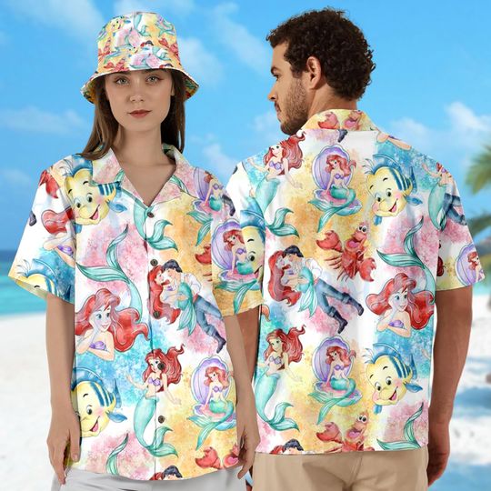 Discover Ariel And Eric Hawaii Shirt, Characters Button Up Shirt, The Little Mermaid Hawaiian Shirt, Cute Shirt Gift, Princess All Over Print Shirt