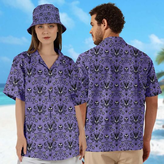 Discover Haunted Mansion Symbol Pattern Hawaiian Shirt, Hitchhiking Ghosts Hawaii Shirt, Horror Movie Button Up, Halloween Trick Or Treat