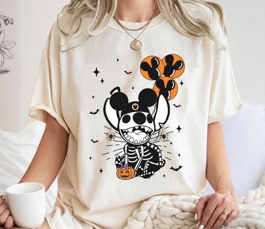 Discover Stitch Skeleton Halloween Shirt, Mickey Balloon T-Shirt, Halloween Party, Spooky Season, Disney Family Vacation, Disneyland Trip