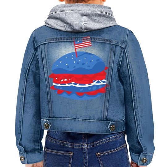 Discover Burger Print Toddler Hooded Denim Jacket - Patriotic Jean Jacket - Print Denim Jacket for Women