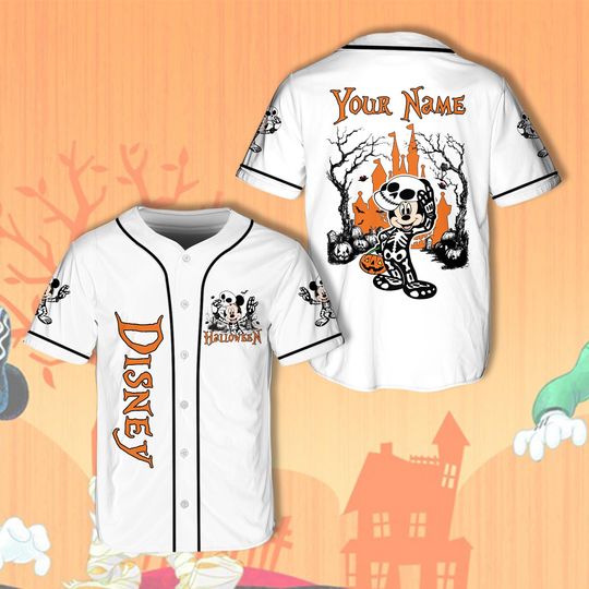 Custom Name Mickey And Friends Halloween Baseball Jersey, Disney Mickey Skeleton Horror Jersey