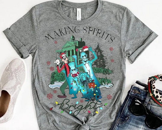 Retro Making Spirits Bright Christmas Sweatshirt | Disney Christmas Light T-shirt | Hitchhiking Ghosts Haunted Mansion Tee | Disney Inspired