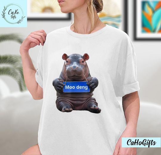 Discover Cute Baby Pygmy Hippo Moo Deng T-Shirt, Moo Deng Bouncy Pig In Thai Picture The Cute Baby Hippo Shirt