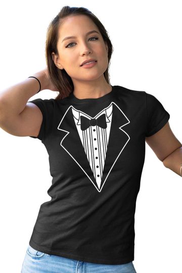 Ladies Funny Tuxedo T-Shirt Black Bowtie & Rose Bachelorette Party Tees Fun