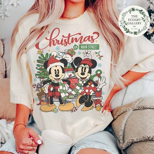 Discover Vintage Mickey Minnie Disney Christmas On Main Street Shirt, Retro Disney Christmas Shirt, Mickey's Very Merry Christmas Party Matching