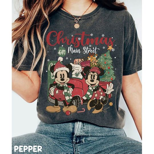 Discover Vintage Disney Christmas On Main Street Comfort Colors Shirt, Mickey Minnie Very Merry Christmas Party Shirt Disney Christmas Trip