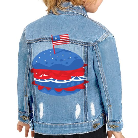 Discover Burger Print Toddler Denim Jacket - Patriotic Jean Jacket - Print Denim Jacket for Women