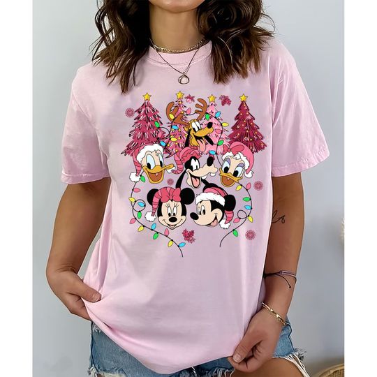 Discover Disney Mickey Mouse And Friends Christmas Pink Tree Comfort Colors Shirt, Pink Christmas Shirt, Christmas Friends, Pink Christmas Tree Shirt