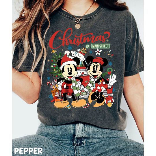 Discover Vintage Disney Christmas On Main Street Comfort Colors Shirt, Minnie Mickey's Very Merry Christmas Party Shirt,Disney Family Christmas