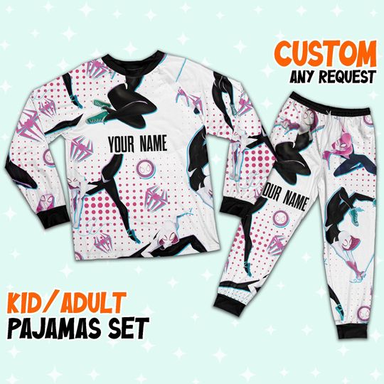 Custom Spiderman SpiderGwen Colorful Pajamas, Custom Kid Youth Adult Pajamas, Pajamas Birthday Gift, Disney Vacation